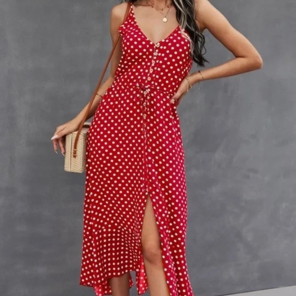 Boho polka dots  button up v neck tie polka dot dress - Picture 7 of 15